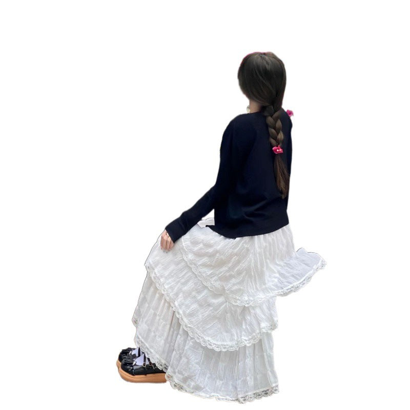New High Waist White Lace Chiffon Skirt