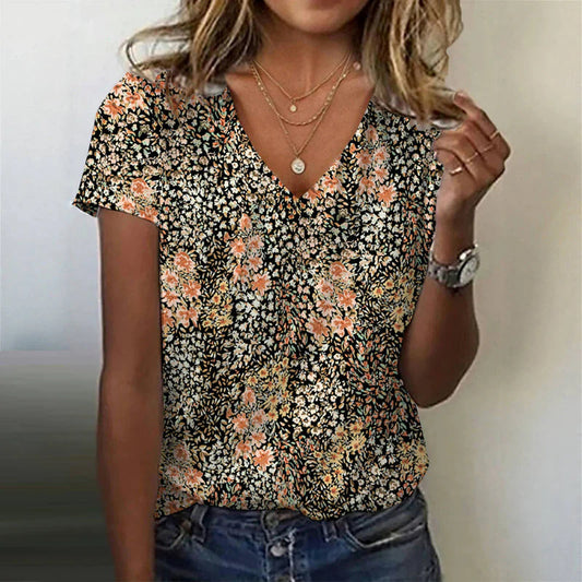 Ny forår/sommer dameprintet V-hals T-shirt