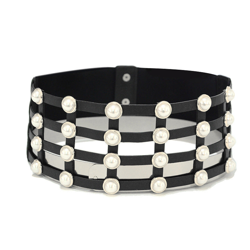 Korean Style Casual Women's Corset Hollow Pearl Inlaid Women's Single Circle Decorative Belt