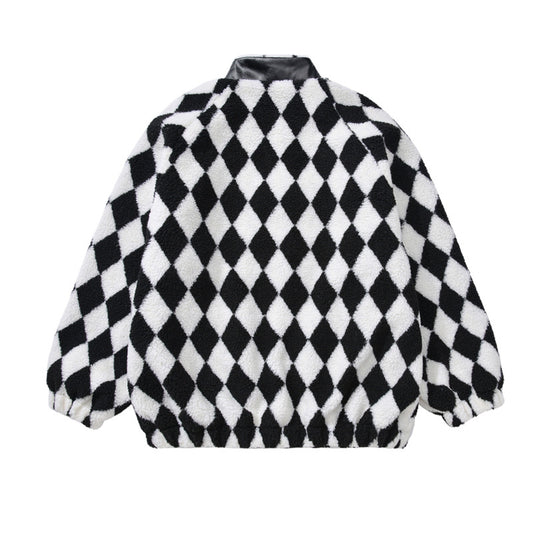 Street Black And White Plaid Leather Patchwork Lamb Wool Coat