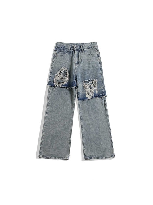 Washed Mud Dyed Ripped Jeans Plus Size Casual Pants