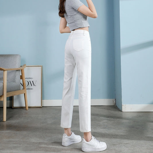 Hvide Jeans Koreansk Stil Højtaljede Stræk Cigaretbukser Små Cropped Straight Bukser