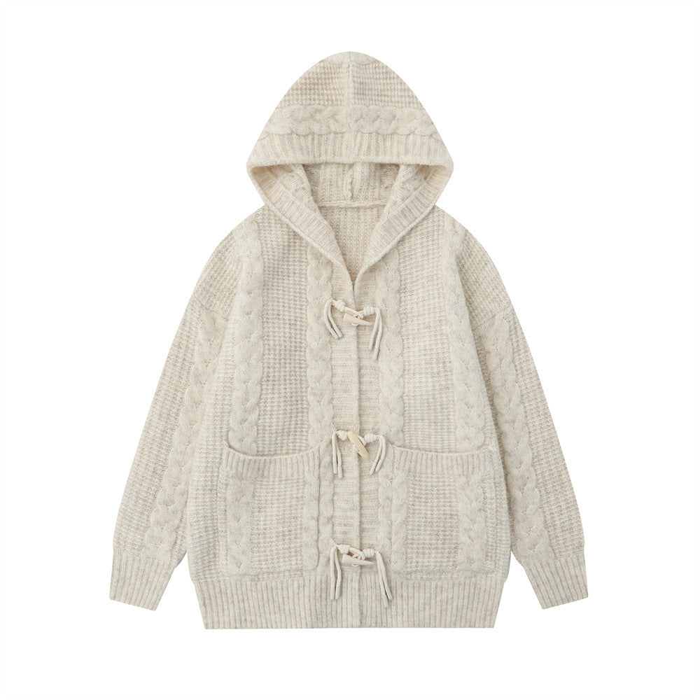 Twist Horn Button Cardigan Hooded Sweater Coat Lazy