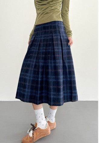Deep Blue Plaid Preppy-Style Womens A-Line Midi Skirt
