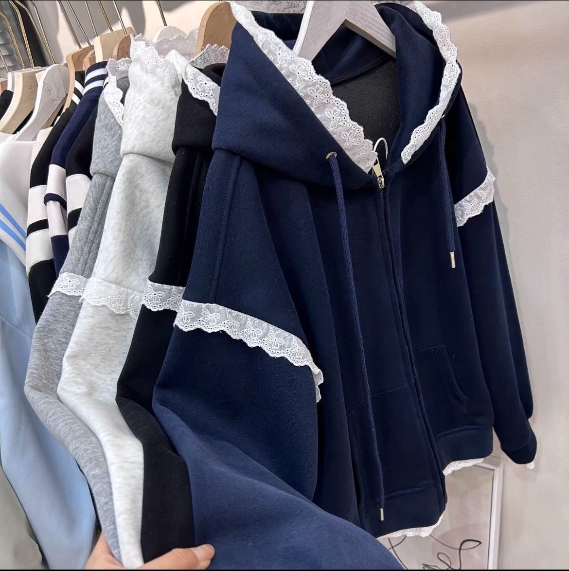 Women's Sweater With Lace Trim And Zipper