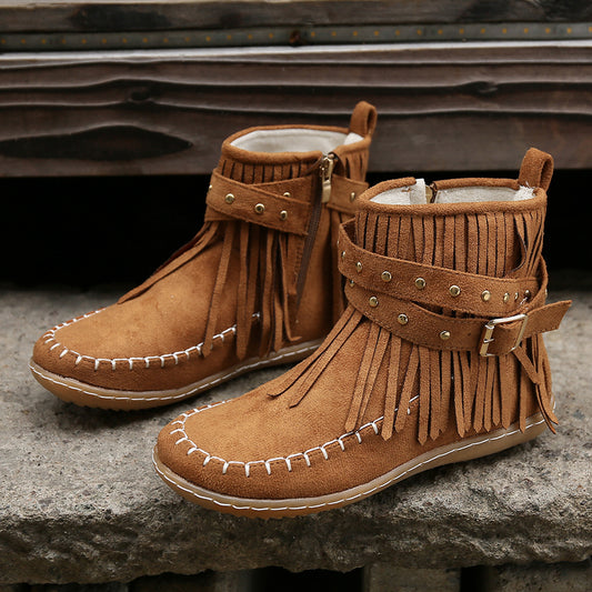Rivet Flat Tassel Autumn And Winter Short Round Toe Suede Martin Boots