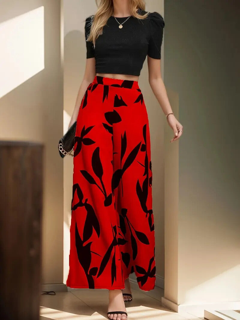 Leaf Print High Waisted Hanging Wide Leg Casual Pants