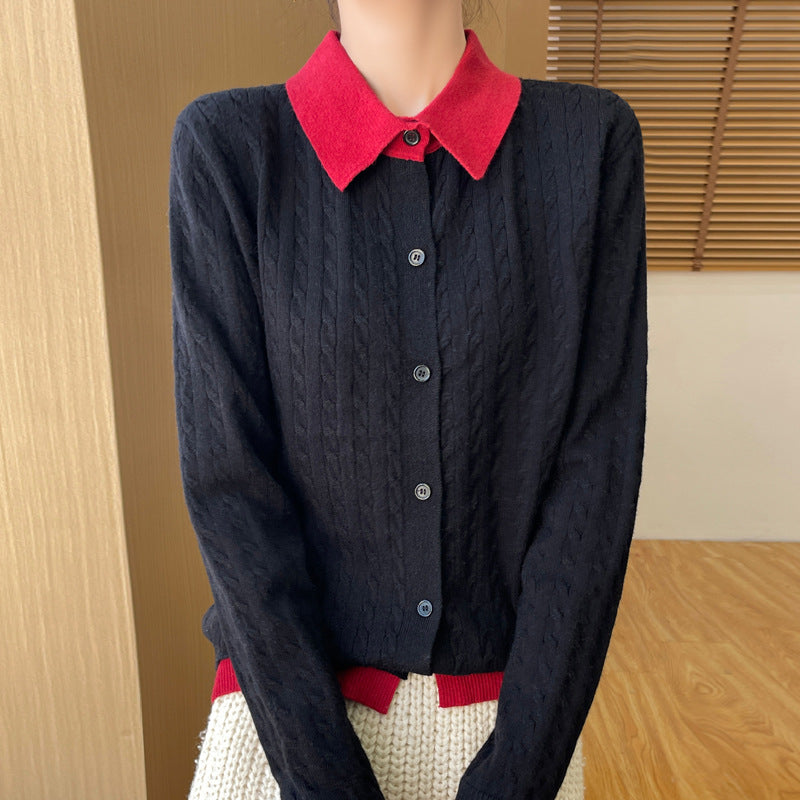 Women's Contrast Color Fashion Slim-fit Cashmere Lapel Sweater