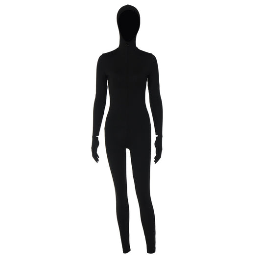 Zipper Hooded Slim Fit Long Sleeve Finger Stall Jumpsuit