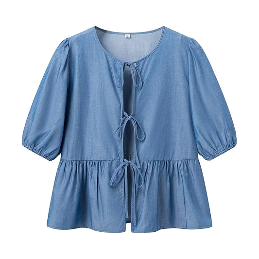 Solid Color Denim Lace-up Design Shirt