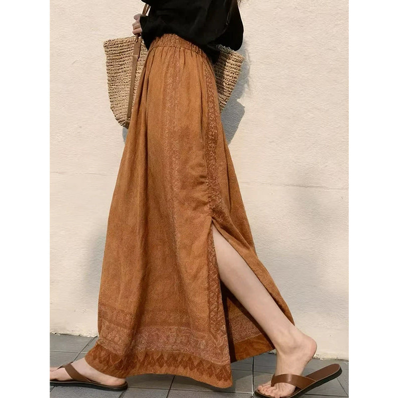 New Ethnic-style Coffee-colored Printed Half-length Skirt With A Back Slit