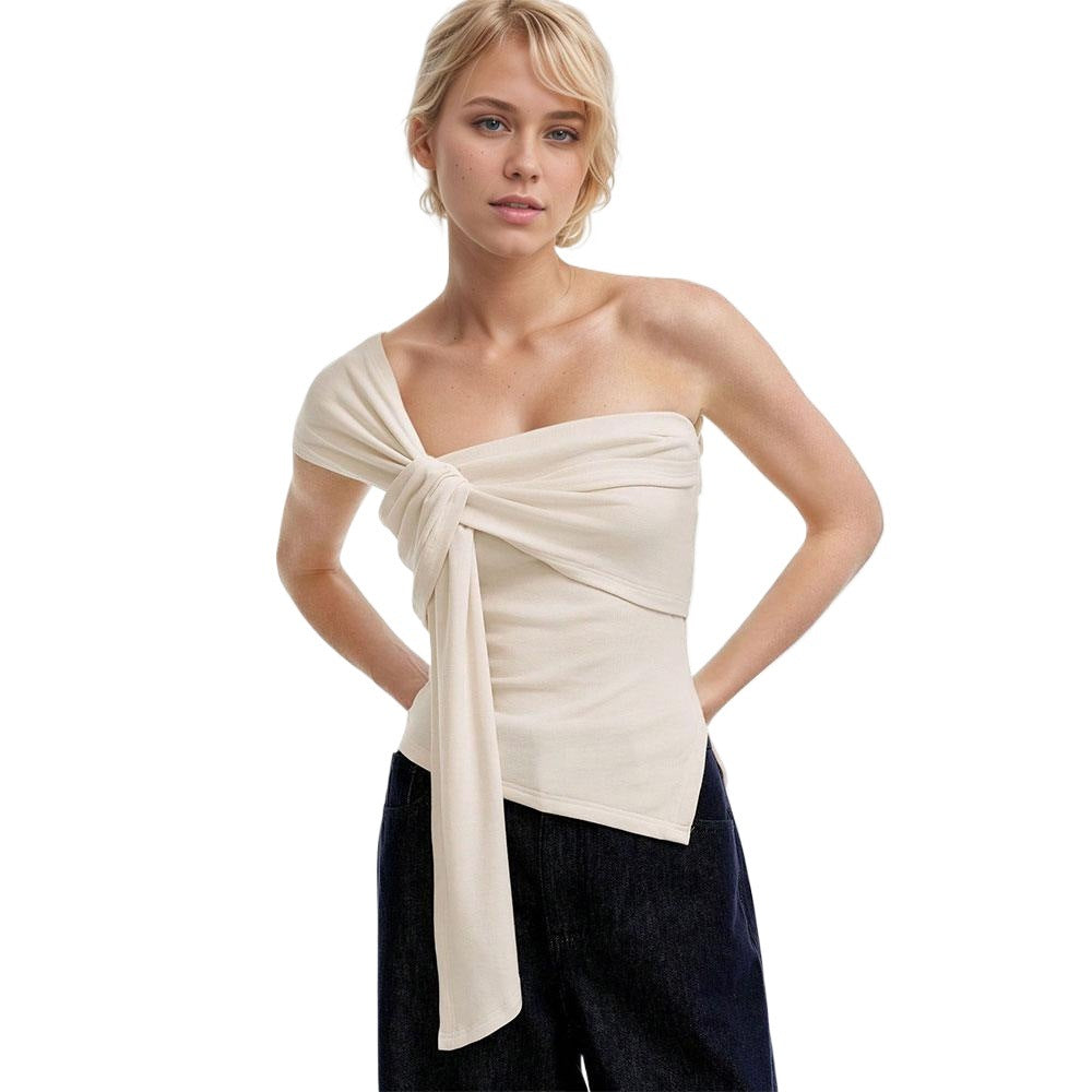 Womens Solid-Color Casual T-Shirt With Off-the-Shoulder Sleeveless Top