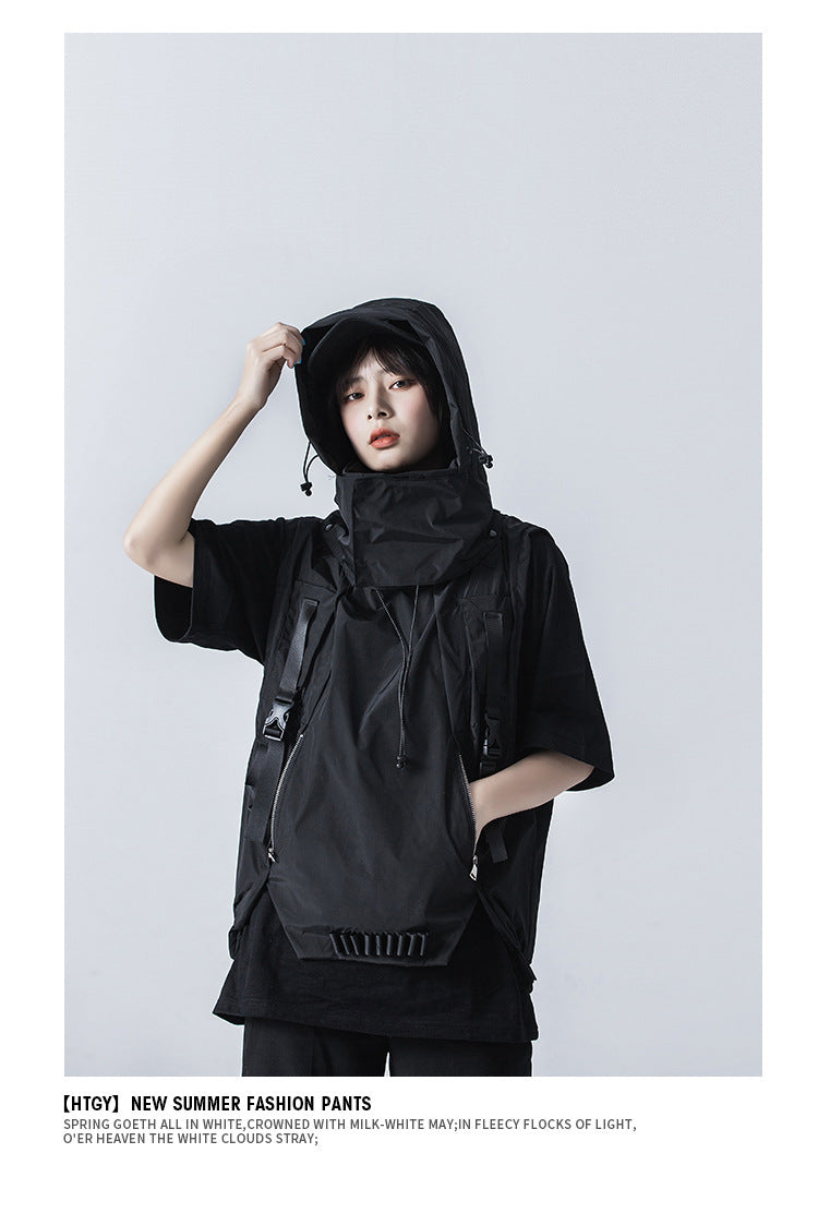 Industrial Dark Mechanical Style Hip Hop Hooded Tactical Vest Coat Men's And Women's Detachable Hat