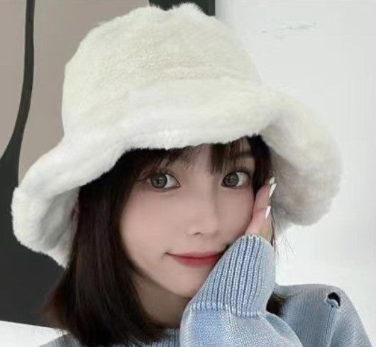 New Faux Rabbit Fur Ruffled Bucket Hat Women's