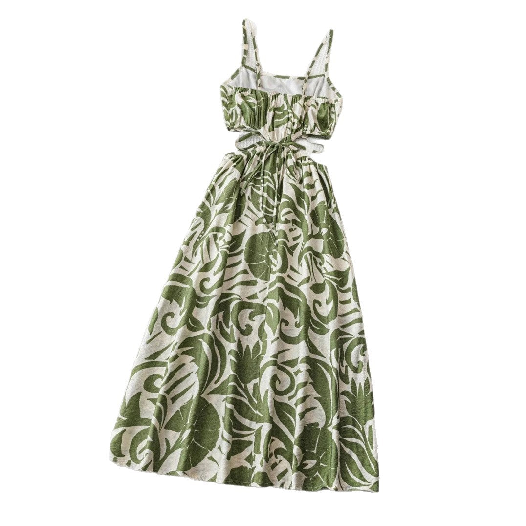 Green Floral Maxi Slip Dress With Hollow-out Design