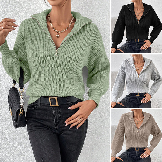 Women's Zipper Pullover Solid Color Loose Casual Long Sleeves Sweater