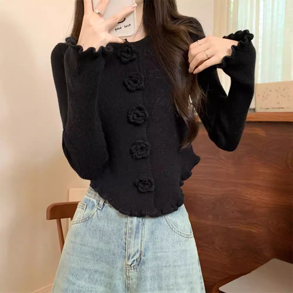 Women's Three-dimensional Flower Long-sleeved Sweater With Wooden Ear