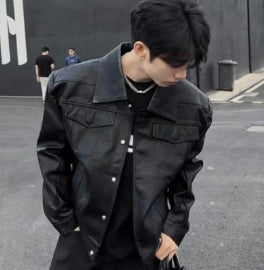Black Cropped Leather Coat Men's Trendy PU Leather Jacket For Spring And Autumn Padded Shoulder With Large Lapel Motorcycle Clothing
