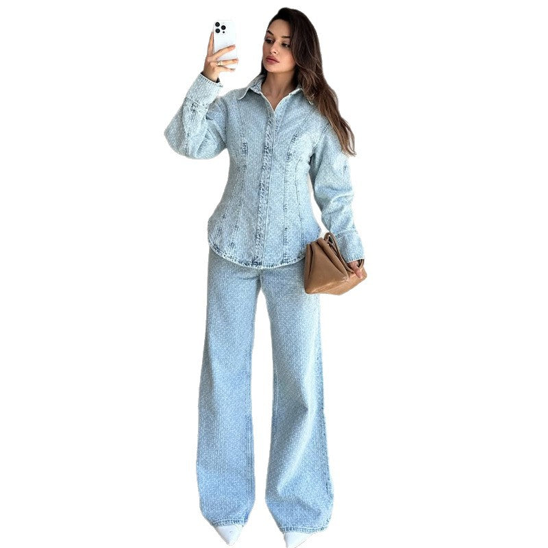 New POLO-collar, Cinched-waist Denim Casual And Comfortable Set