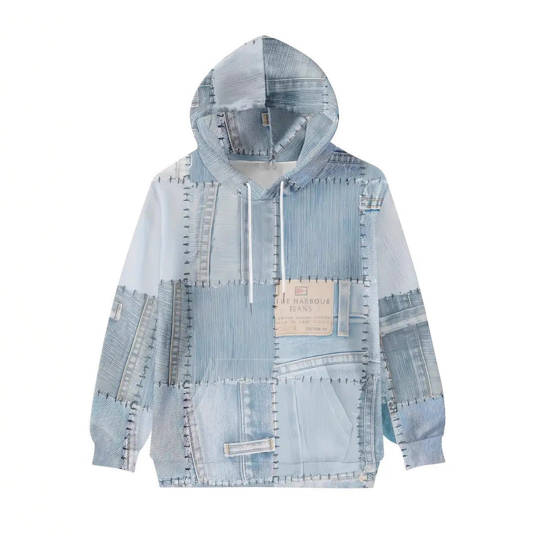 Womens Casual Pullover With Denim-Style Patchwork And Print