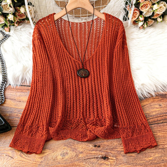 Hollow-out Spring And Summer Long Sleeves Knitted V-neck Plus Size Women's Long-sleeved Sweater