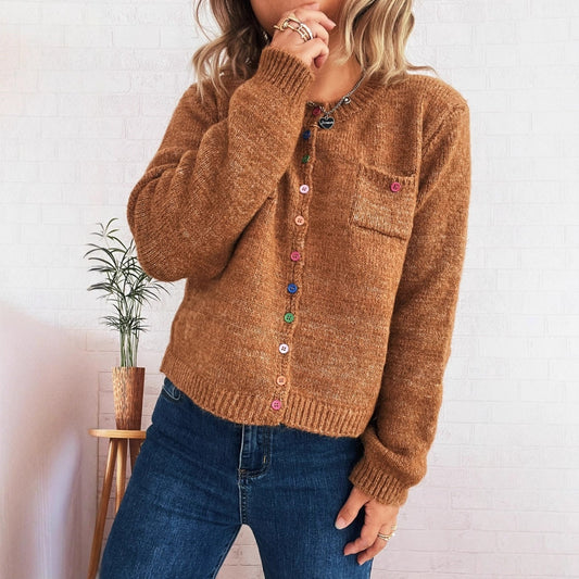 Simple Commute Color Button Chest Pocket Decorative Knitted Sweater