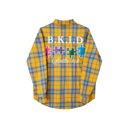 Contrast Color Veneer Puzzle Embroidery Long Shirt Lapel