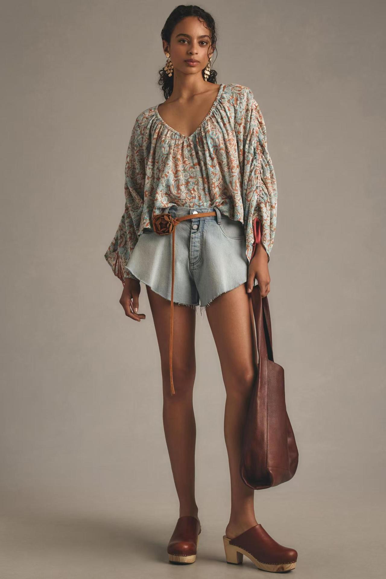 Women's Loose V-neck Pullover Casual Long Sleeve Floral Drawstring Top