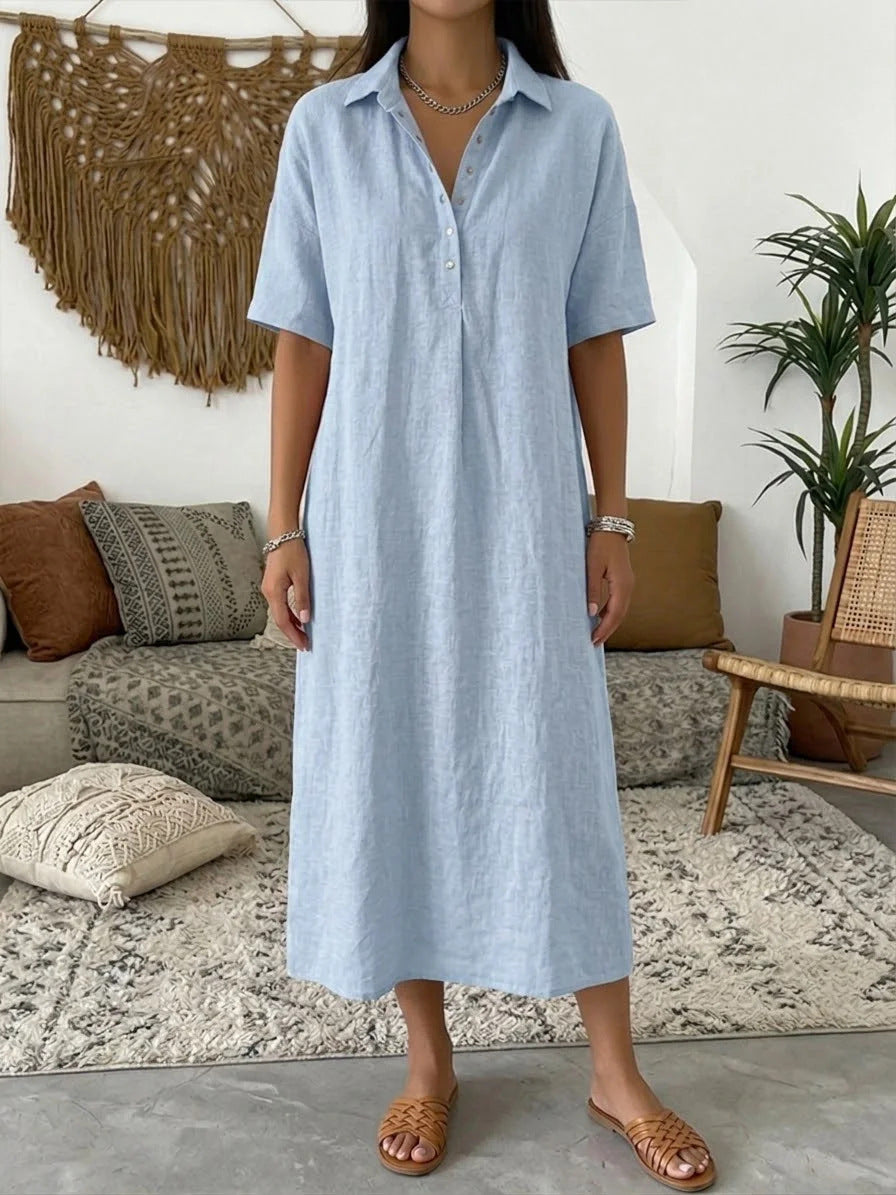 Straight-cut Comfortable Linen Short-sleeve Dress With A Polo Collar
