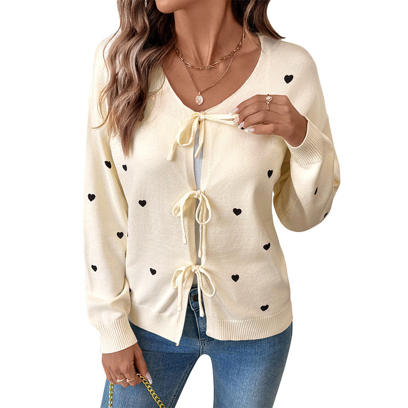 Sød, nuttet stil, kærlighedsmønster, V-hals, snøret cardigan sweaterfrakke