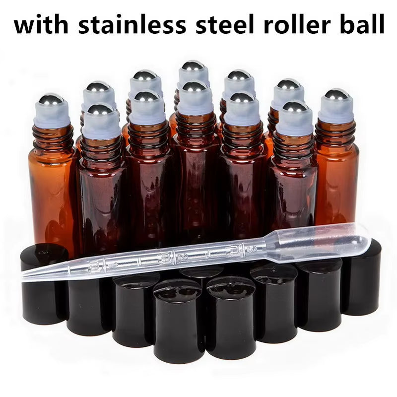 12Pcs 10Ml Amber Empty Refillable Glass Perfume Roll on Bottle with Stainless Steel Roller Ball for Essential Oil Aromatherapy