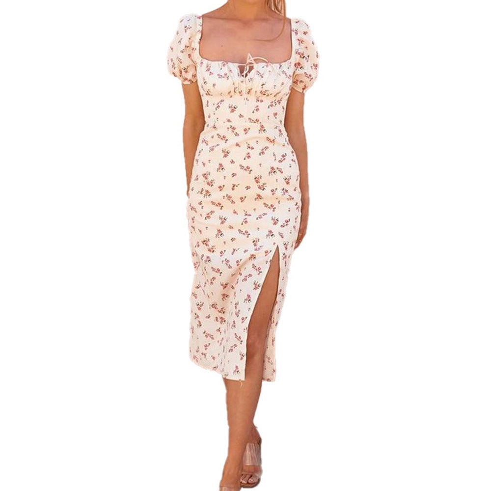 New Style Dress French Retro Floral Print Skirt, Slim-Fit Slit Long Puff-Sleeve One-Piece Dress