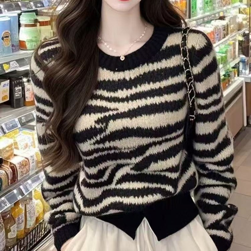 Retro Flot Sort Zebra-print Rundhalset Langærmet Sweater