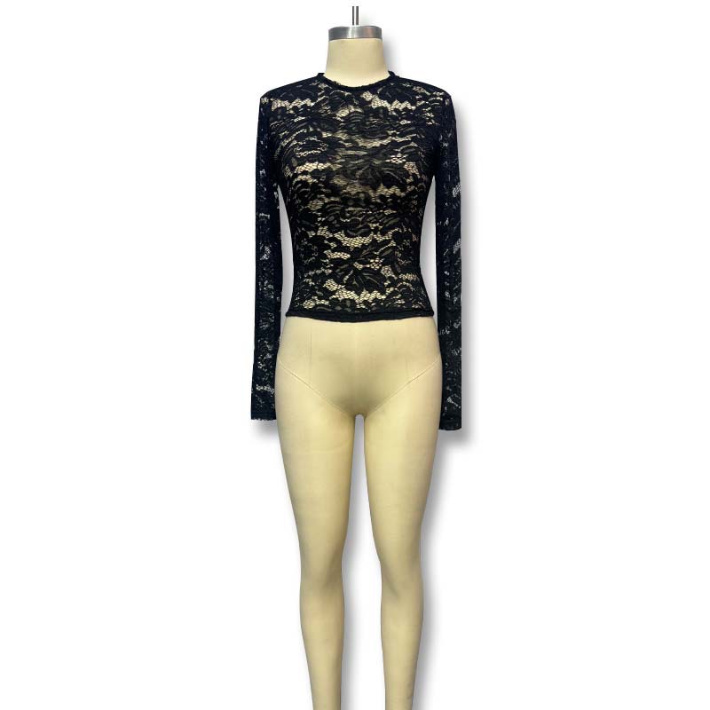 Womens Lace Slim-Fit Sheer Long-Sleeve Top