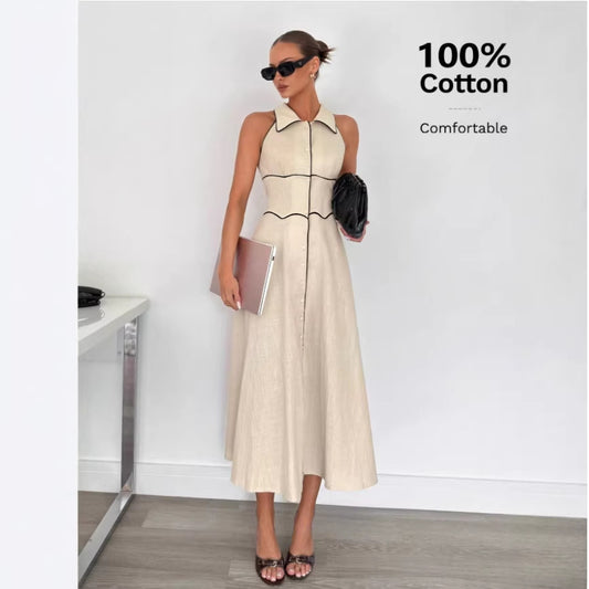 Womens Sleeveless Single-Breasted Lapel Collar High-Waist Dress