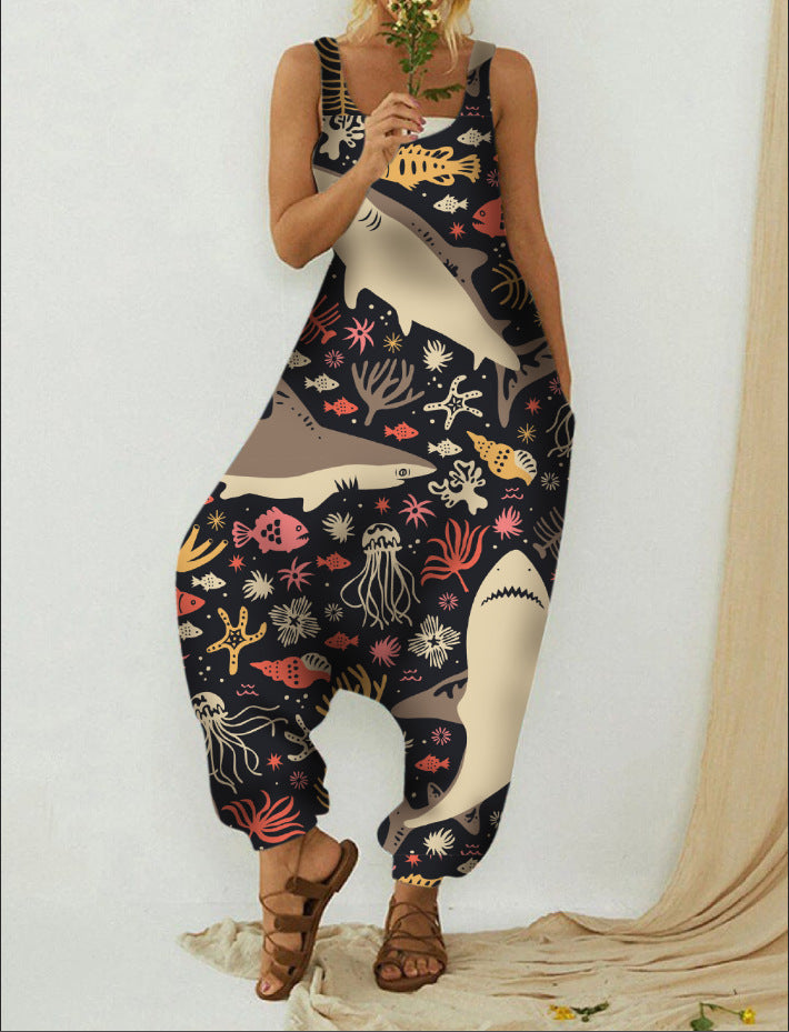 Cute Animal Print Loose Plus Size Casual Beach Overalls