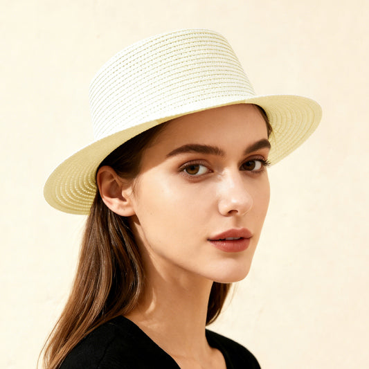 A Stylish And Versatile Sun Hat For Ladies, Featuring A Solid Color Broad Brim And Foldable Concave Top. Perfect For Outdoor Travel, Beach Vacations.