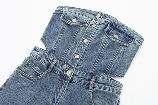 Women's Fashion Tube Top Denim Jumpsuit