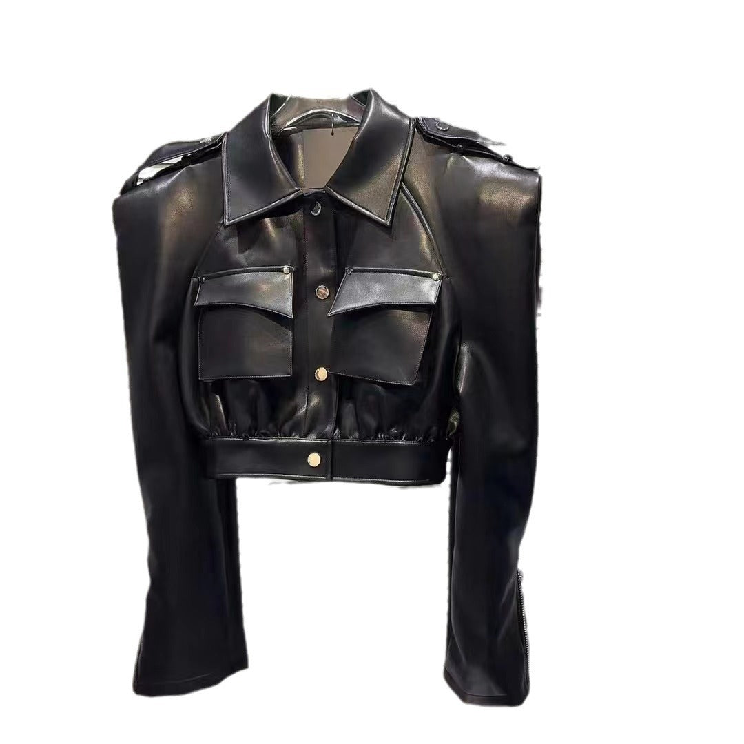 Short Motorcycle Clothing Leather Long-sleeved Coat Fried Street Fashion PU Leather Jacket