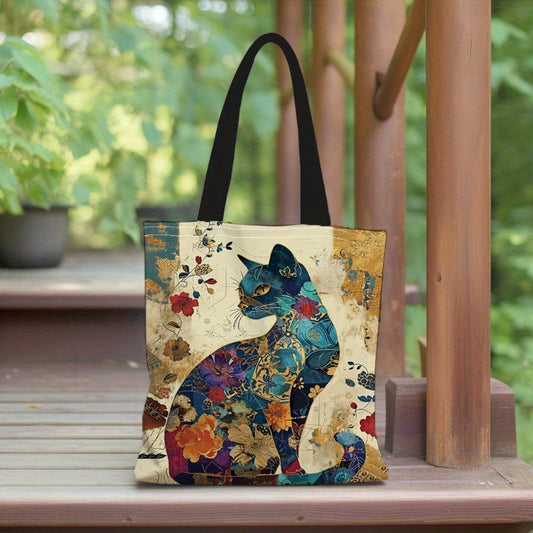 Floral Cat Print Canvas Tote Bag