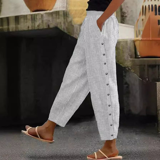 Printed Striped Button-binding Elastic Waist Cropped Pants