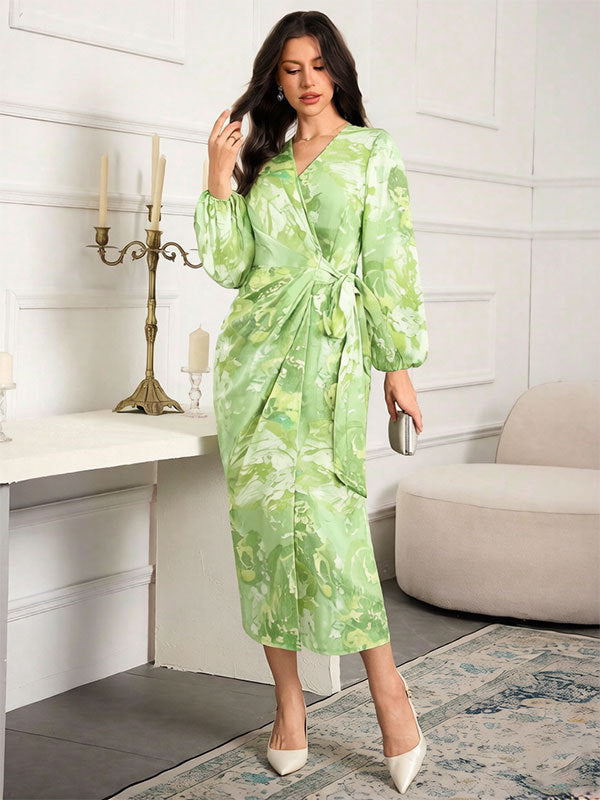 Printed V-neck Cardigan Lace-up Slim-fit Dress