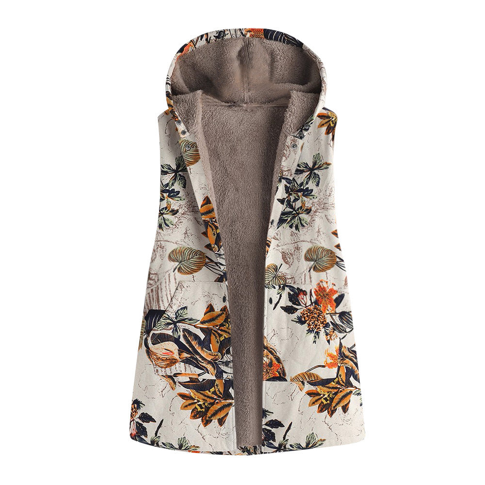 Women's Printed Hooded Sleeveless Top Plush Jacket