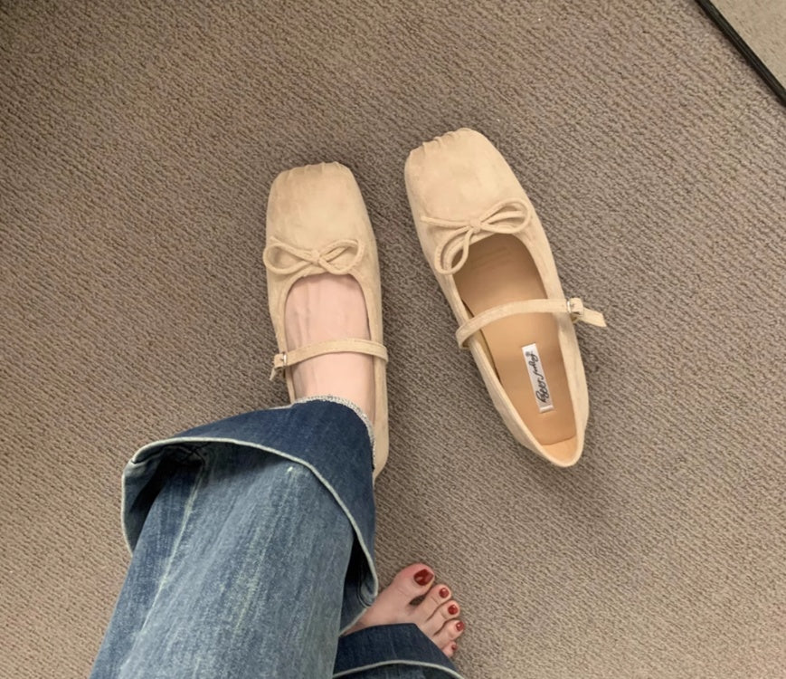 Women's 2026 New Spring & Autumn French Fairycore Suede Square-Toe Bow Mary Jane Flats For Office & Daily Wear