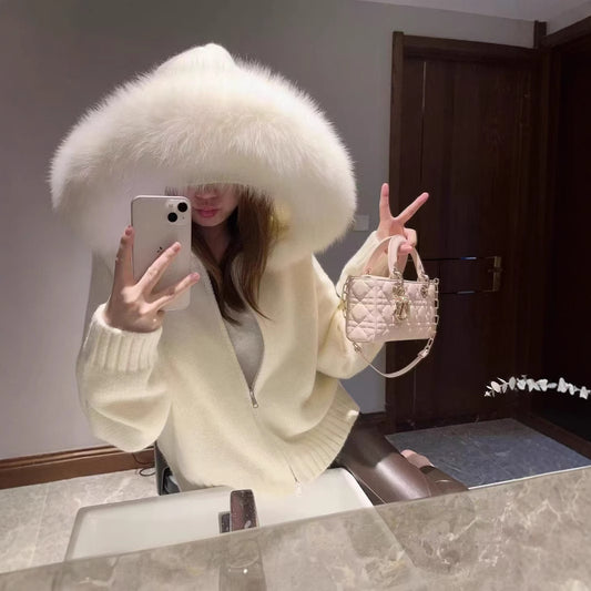 Vintage Knitted Cardigan Long Sleeve Fur Collar Coat