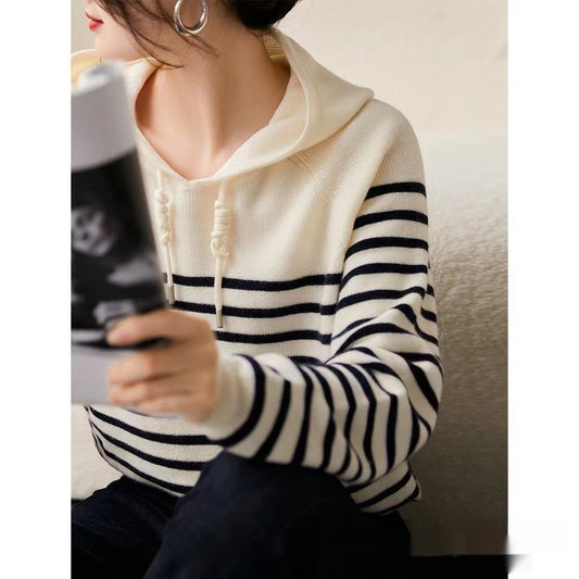 Women's Wool Knitted Hooded Sweater Pullover Stripe Loose