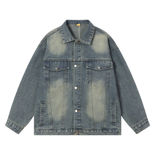 Washed Light Color Denim Jacket Men's Retro Baseball Uniform