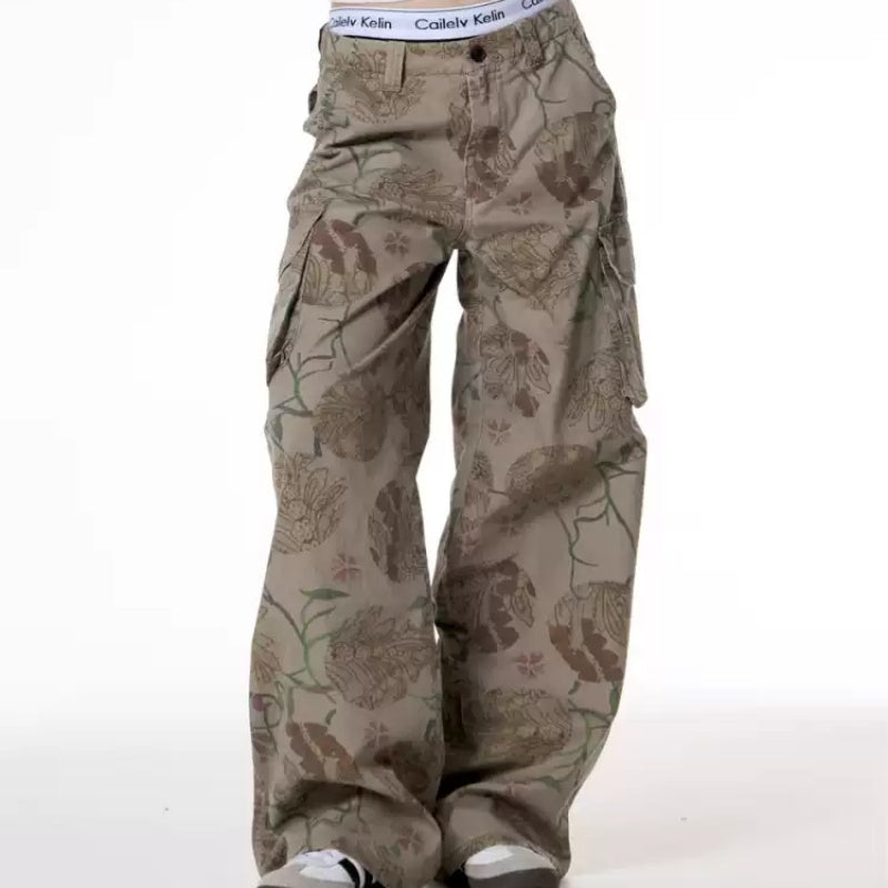 Retro Hot Girl Style Floral Print Large Pocket Casual Working Pants