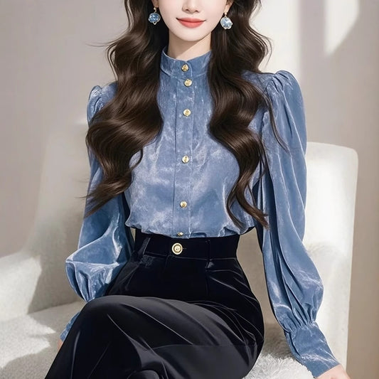 Womens Sophisticated Blue Stand-Collar Velvet Shirt