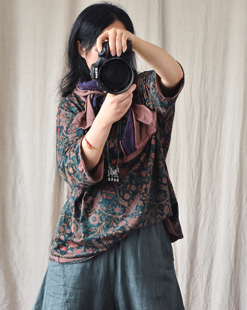 Retro Printed Loose And Comfortable Round Neck Short Sleeve